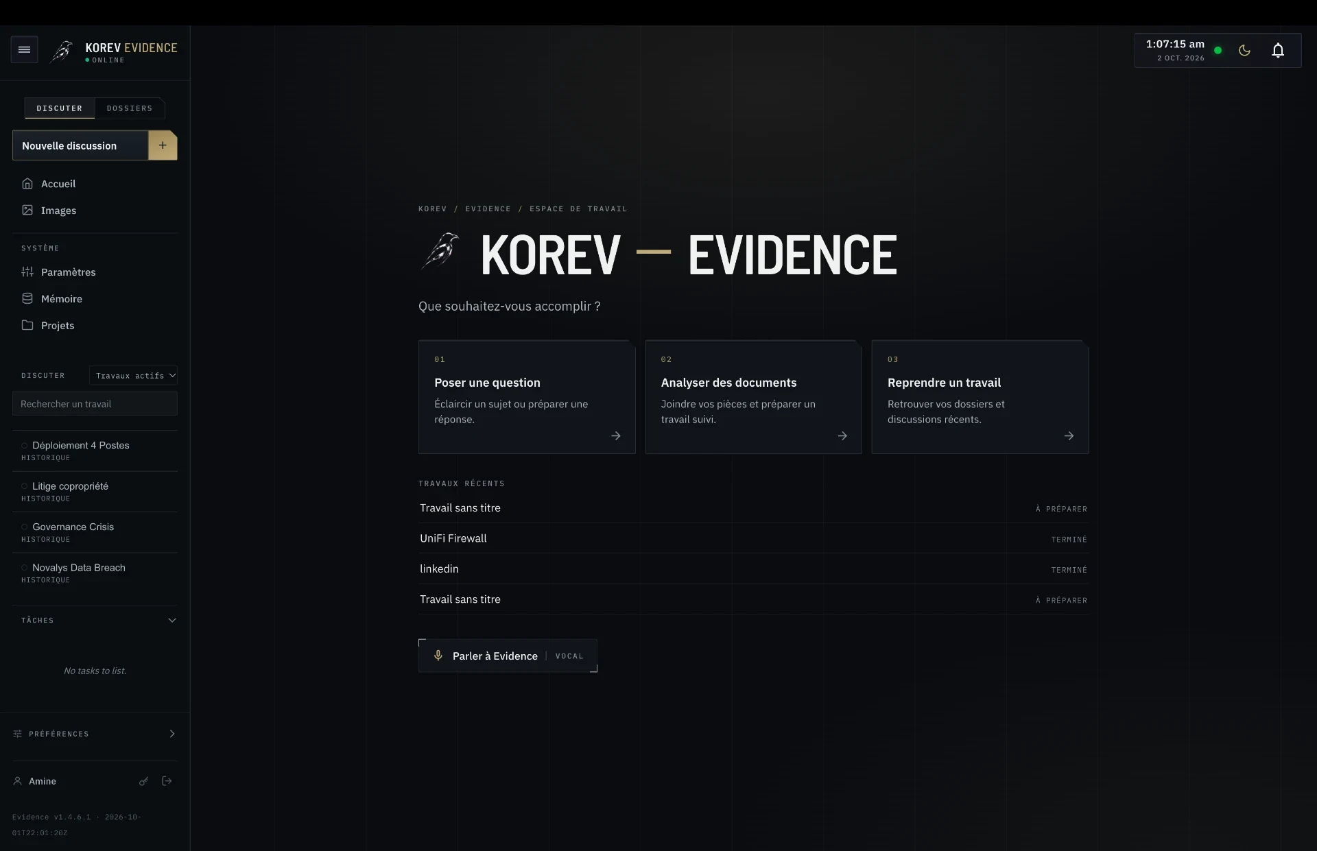 Real screenshot of the KOREV Evidence home screen