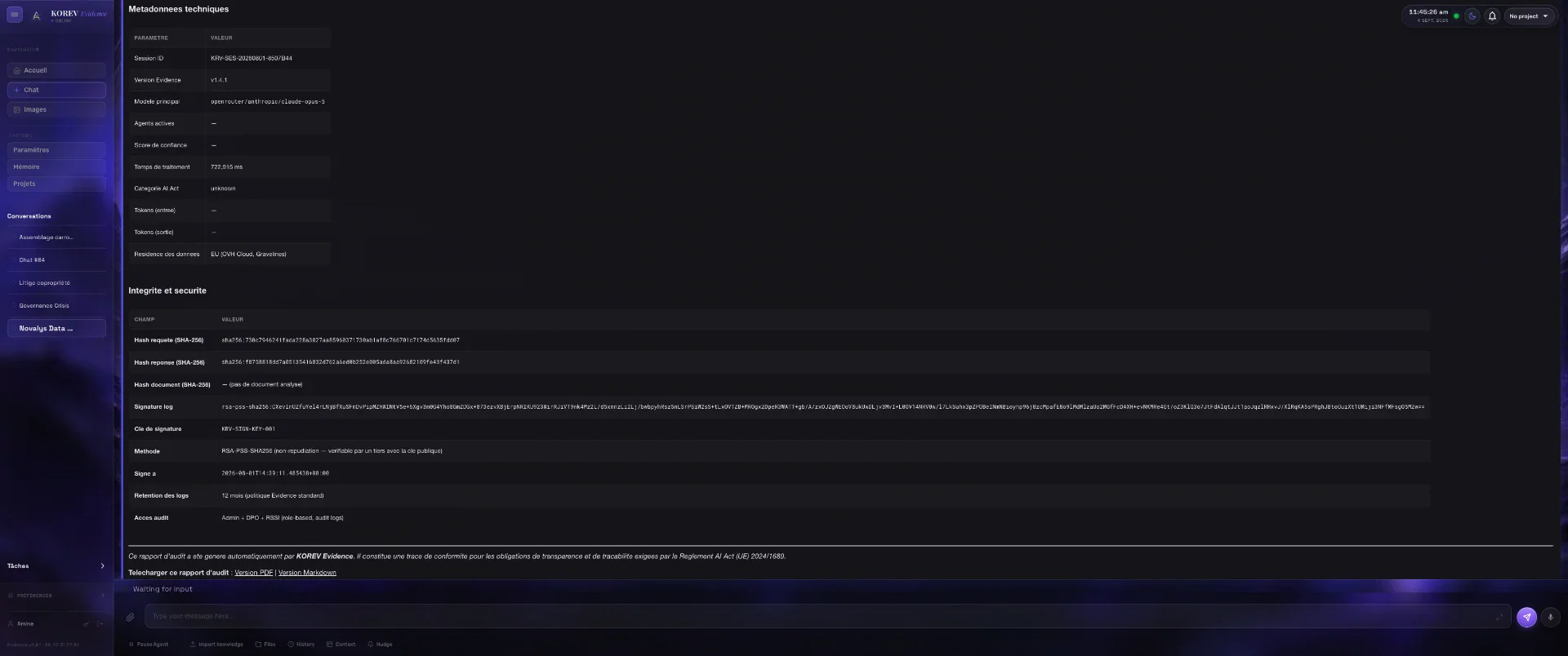 Capture réelle d'une analyse Evidence : contexte de session, métadonnées et rapport d'audit