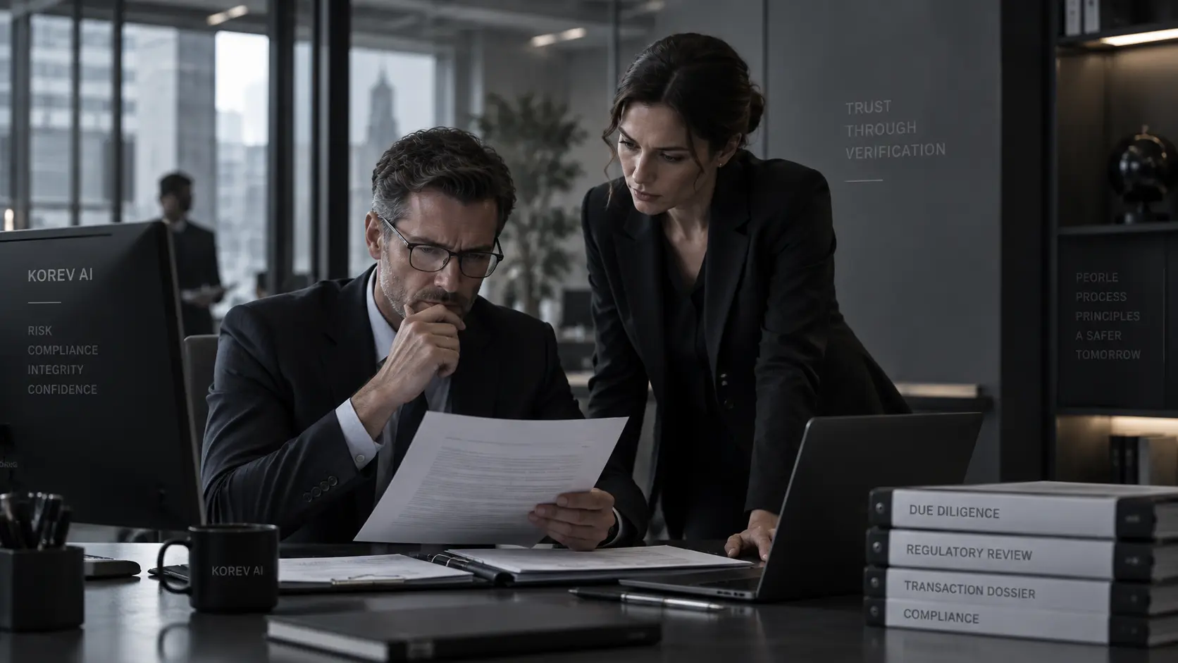 Illustration : des professionnels examinent un dossier dans un environnement financier.
