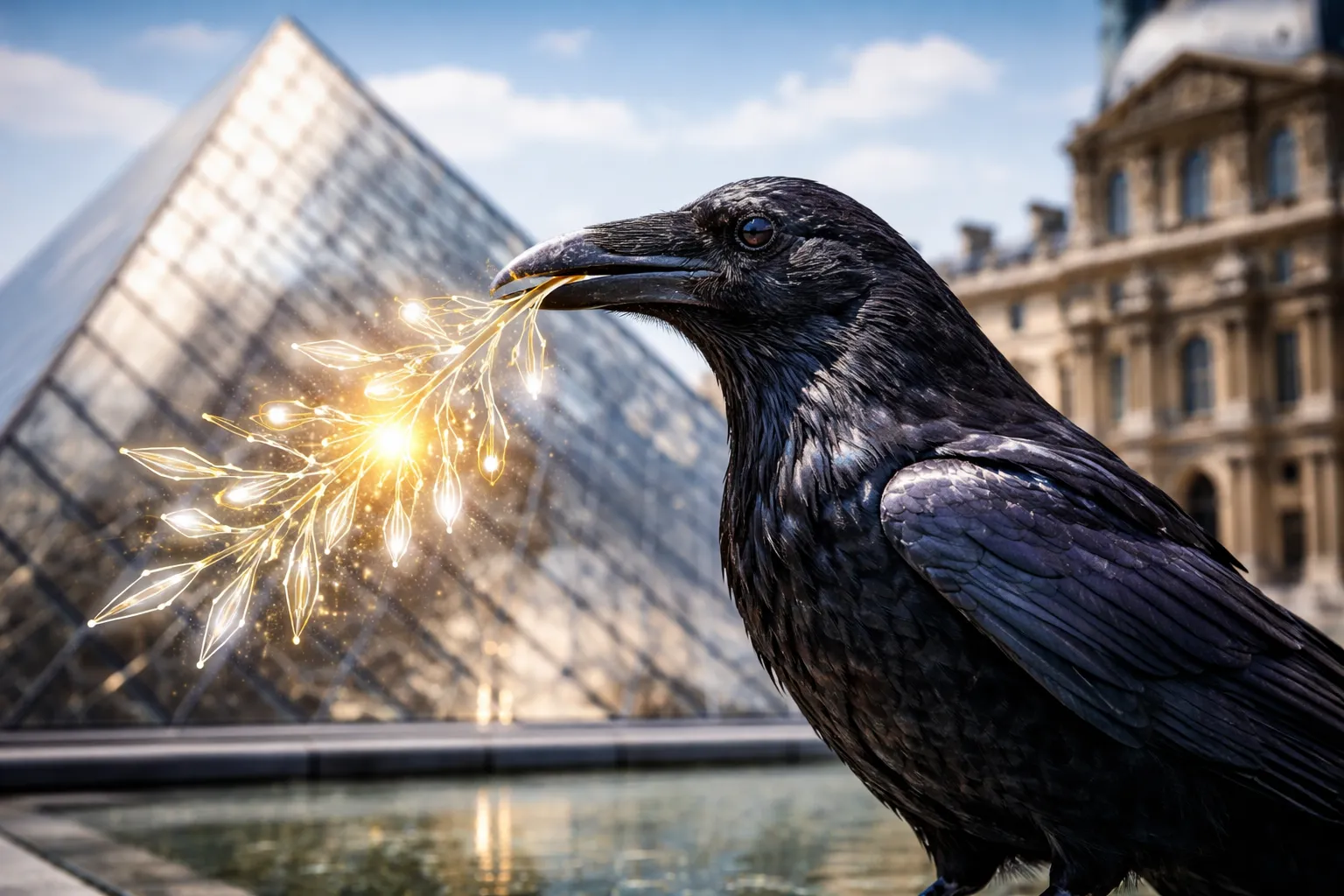 Raven in front of the Louvre Pyramid, a symbol of KOREV AI's intelligence and European vision
