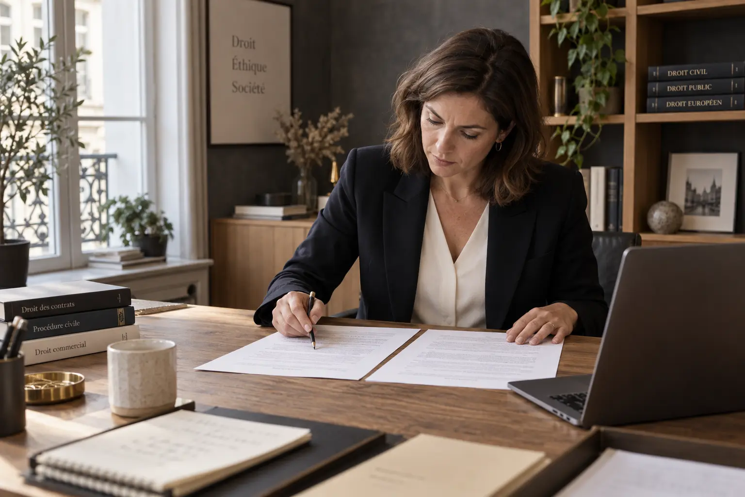 Illustration générée : une juriste compare un contrat et son annexe, crayon en main, dans un cabinet.