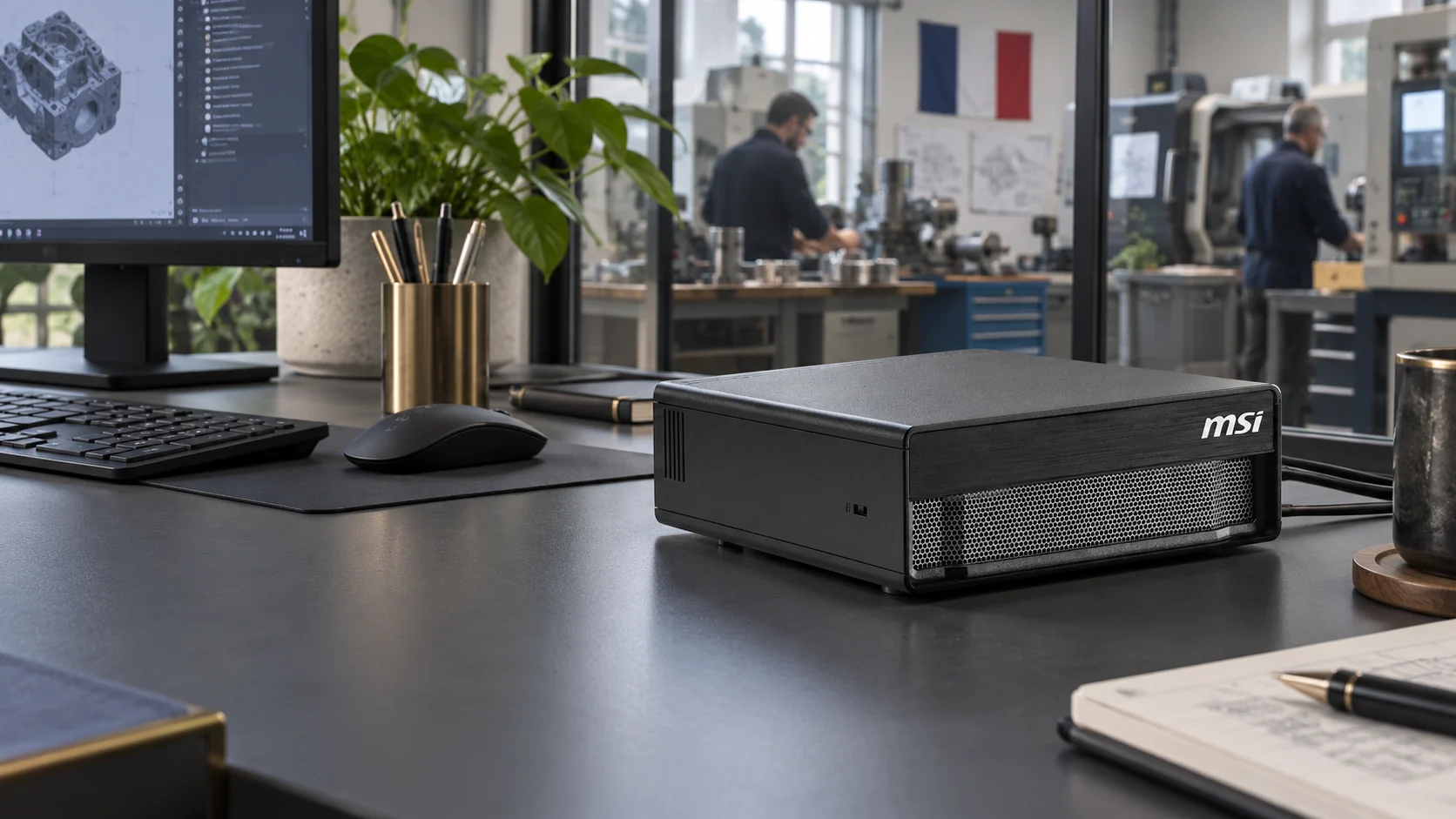 Mise en scène d’un MSI EdgeXpert compact sur un poste de travail, devant l’atelier d’une PME.